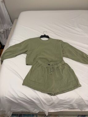 Olive Green Knit Lounge Set - Top & Drawstring Shorts